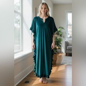 Vintage Miss Susan of California Velvet Ruffled Slip On Robe Dark Teal One Size